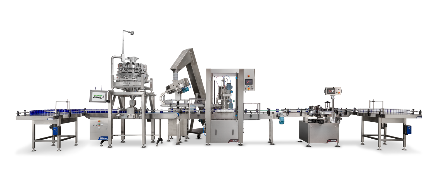 Container filling, capping and labeling machine