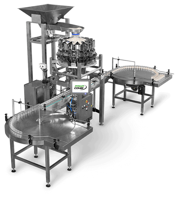PrimoCombi multihead weigher with container indexing conveyor with unscrambling and accumulation rotary tables_topside_web